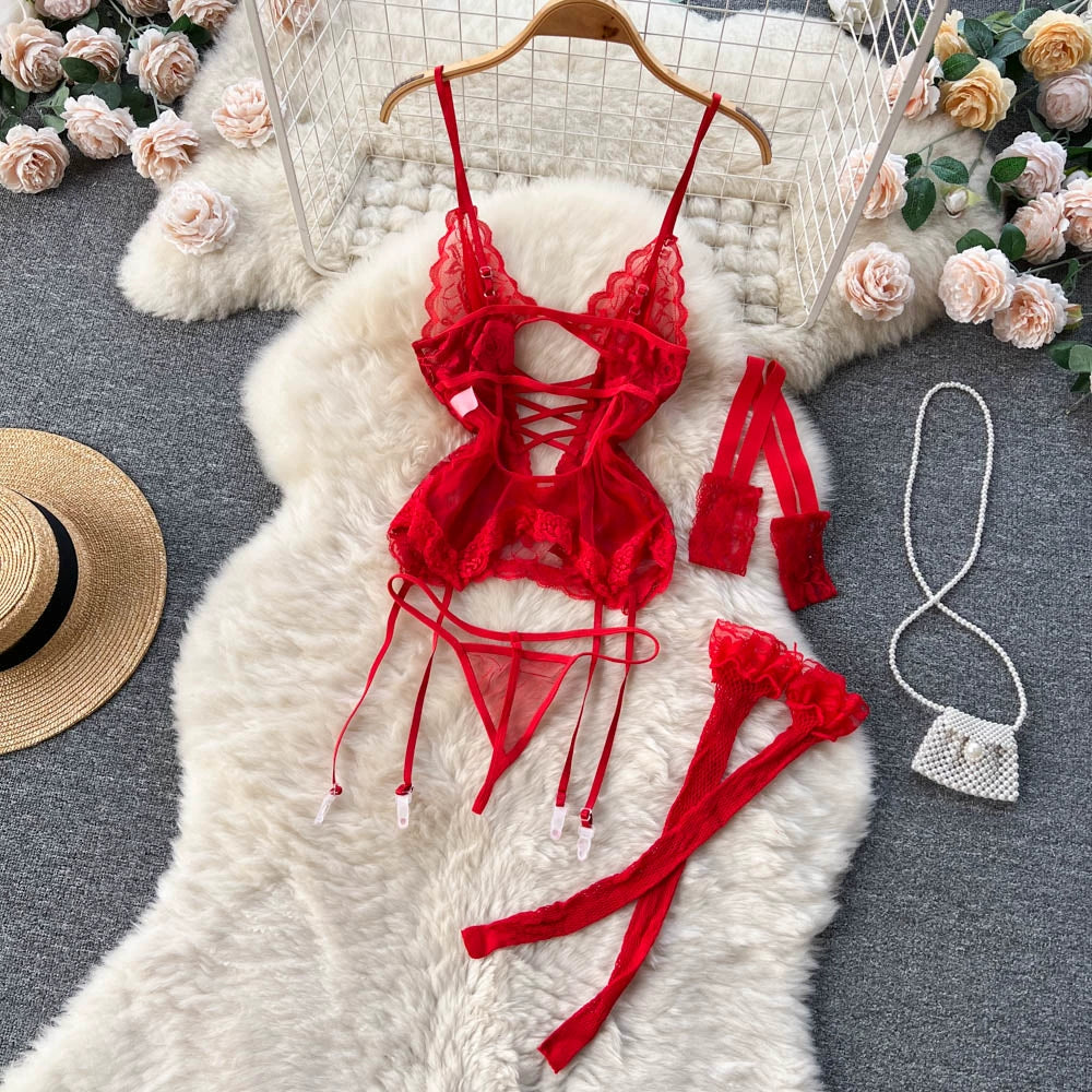 Floral Lace Bra Brief Suit 3 Piece
