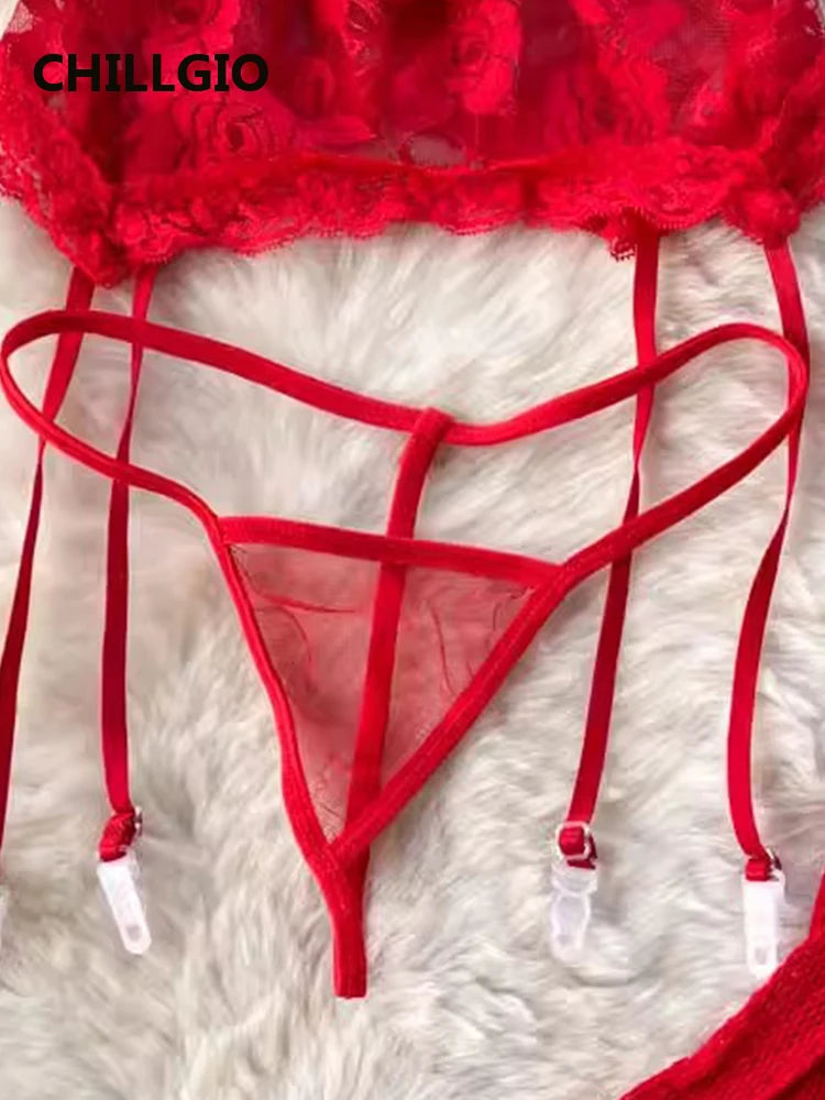 Floral Lace Bra Brief Suit 3 Piece