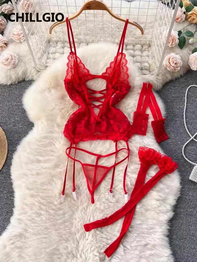 Floral Lace Bra Brief Suit 3 Piece