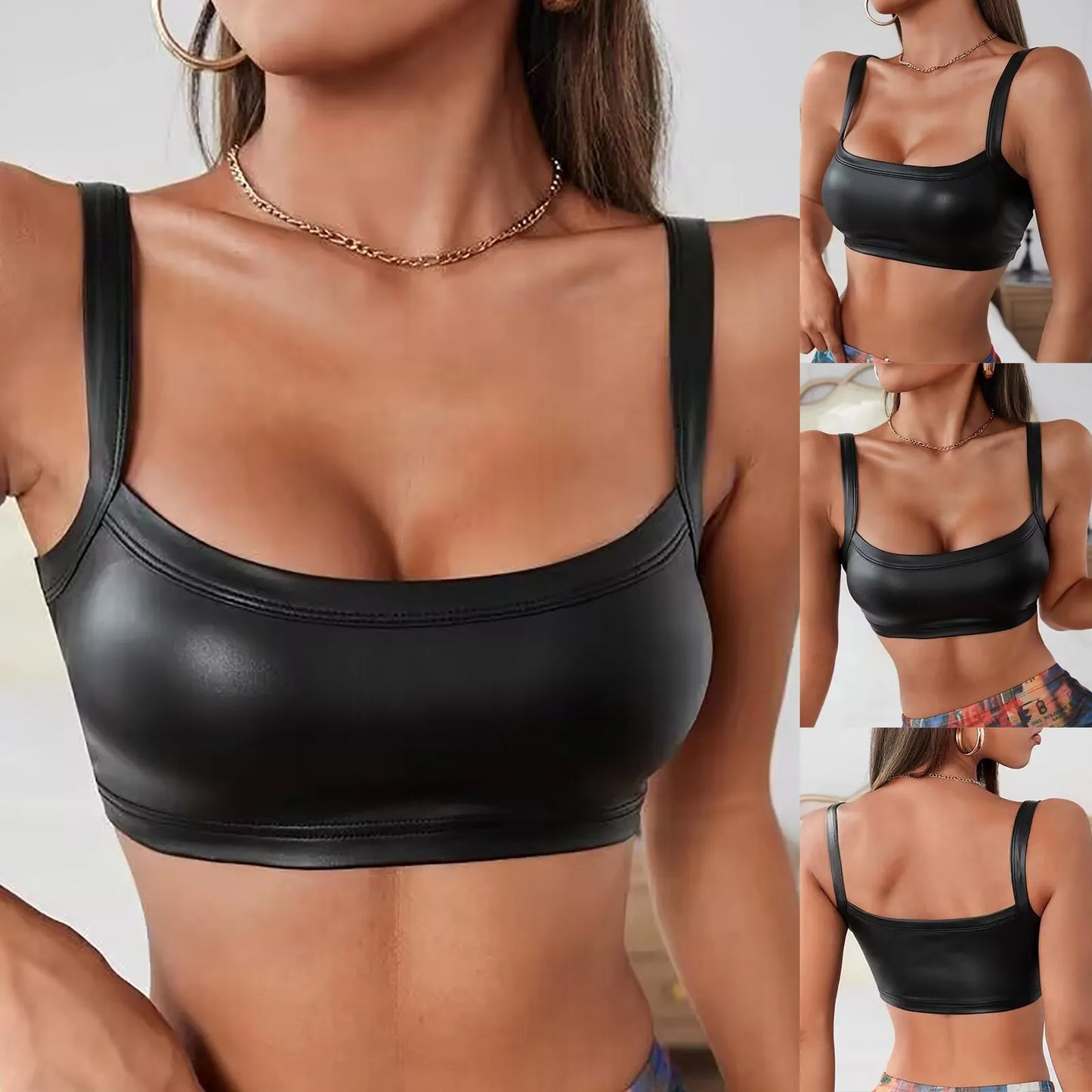 Women's Faux Leather Square Neck Crop