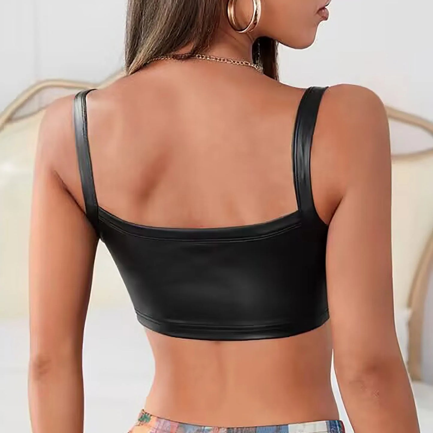 Women's Faux Leather Square Neck Crop